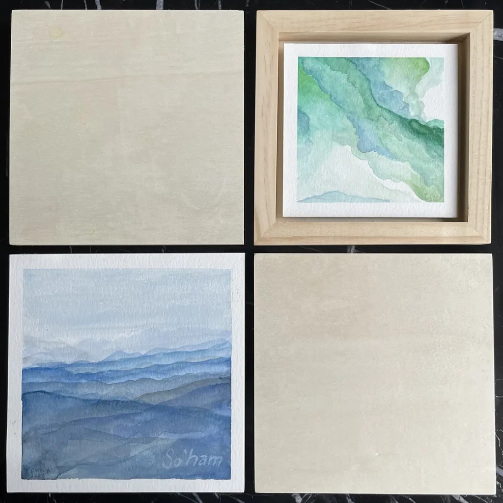 Aquarell Bild quadratisch blau und gruen und nature