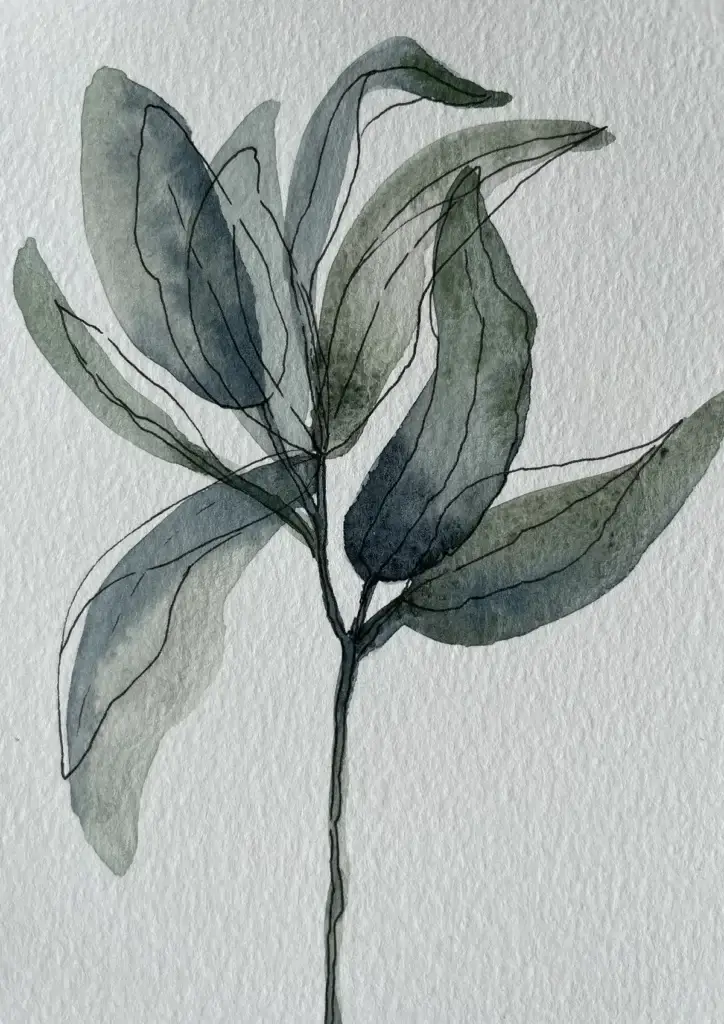 Aquarell Karte Blätter blau-grün-schwarz